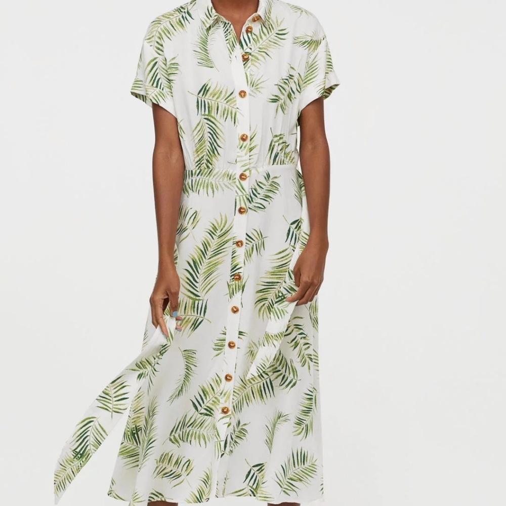 H&M White and Green Leaf Print Midi Dress